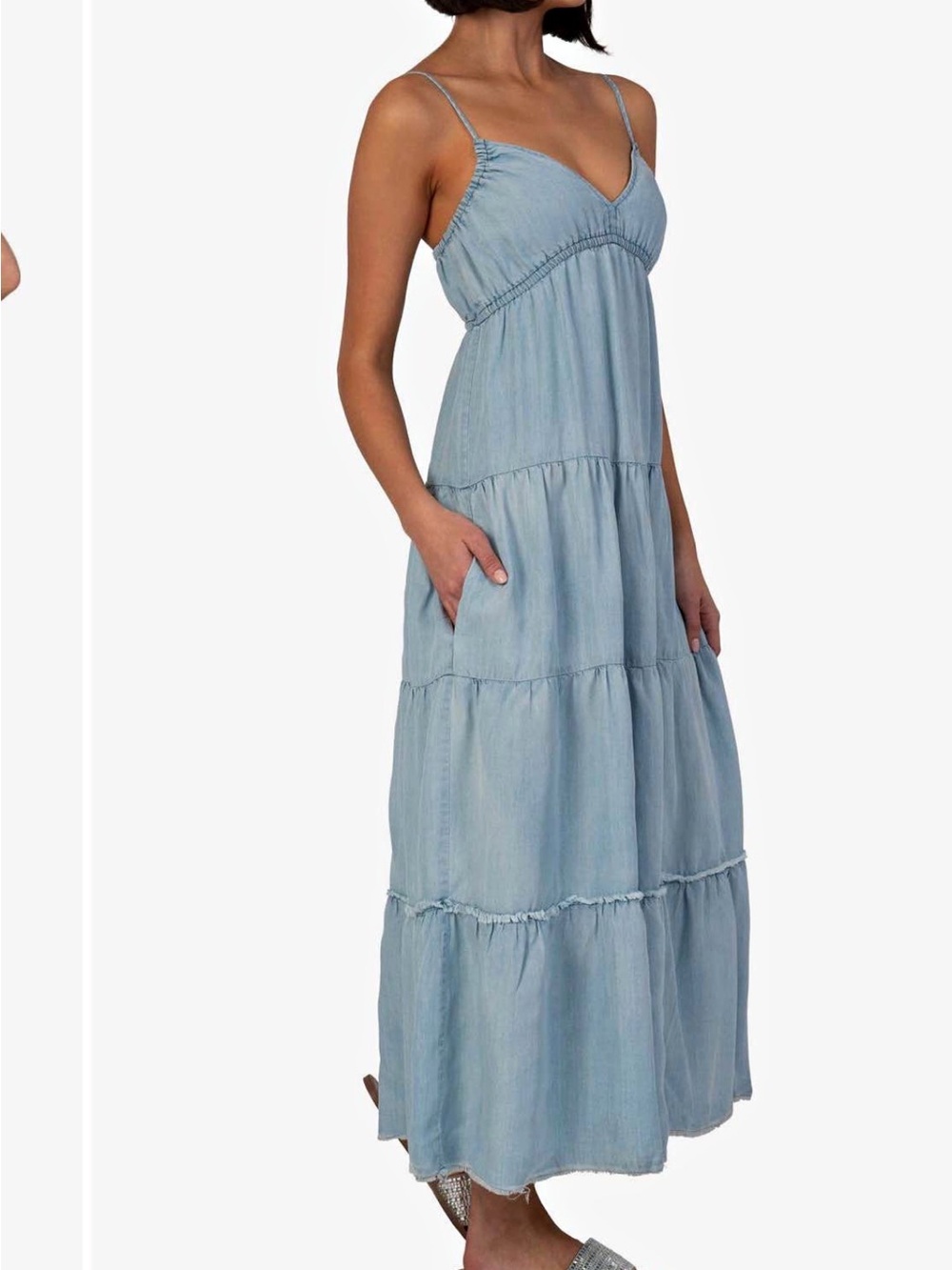 Kut from the Kloth Sky Blue denim Tiered Spaghetti-Strap Maxi Dress